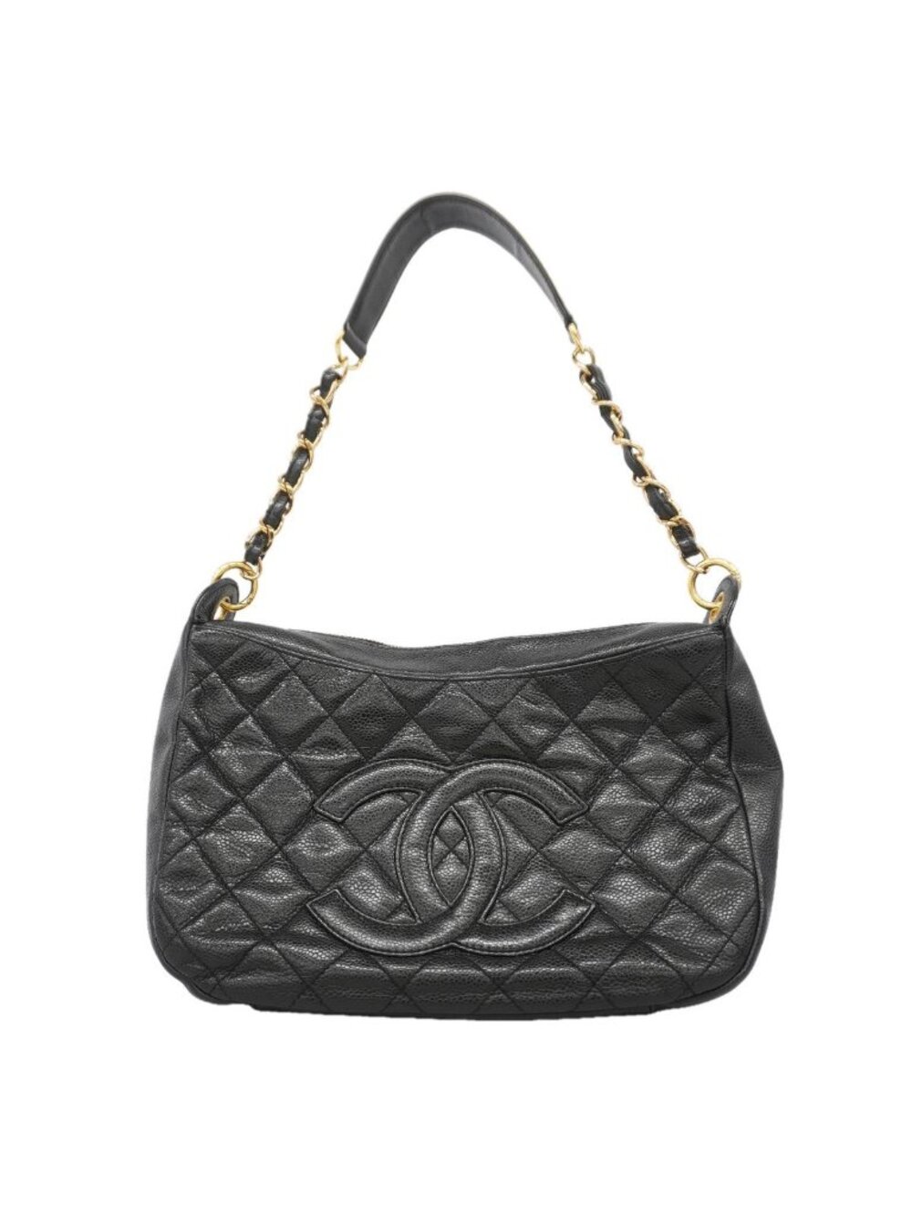 Chanel Shoulder Bag Quilted Caviar Leather Black Gold
